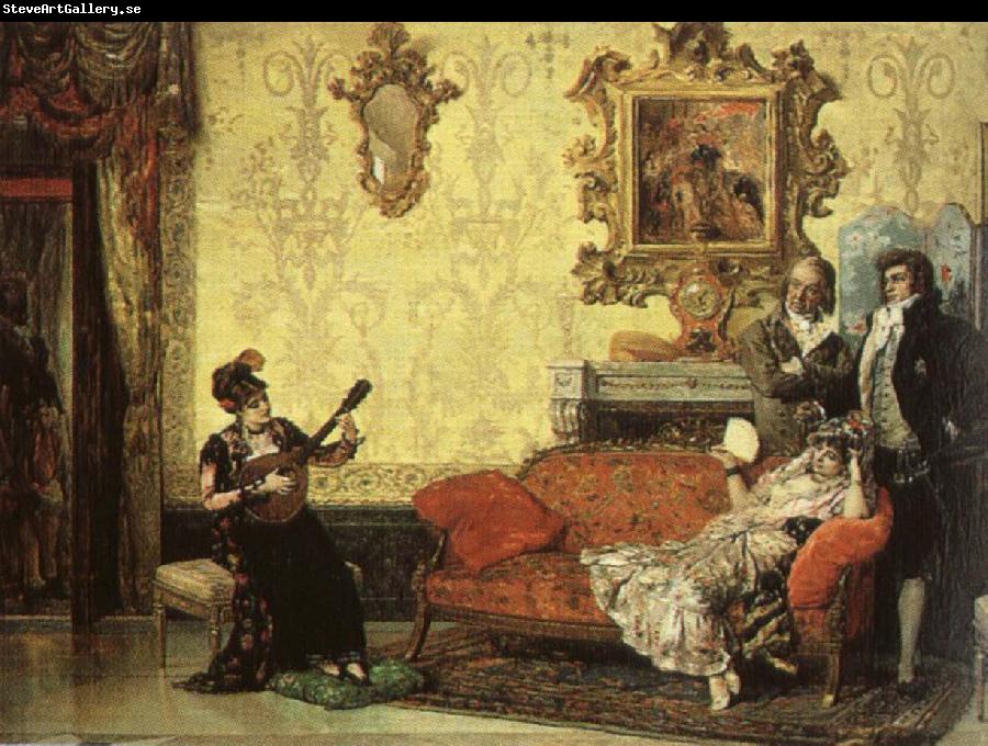 Jacob Maentel Women take part in the Spanish guitar her a small audience at home.